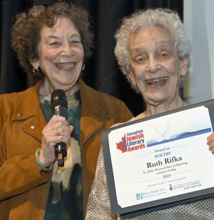 <b>Ruth Rifka</b> receives the Award for Poetry from juror Rona Arato.