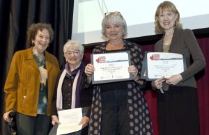 Juror Rona Arato (left) presents the Award for Youth Literature to (left to right) authors <b>Sheila Baslaw</b> and <b>Karen Levine</b> and illustrator <b>Alice Priestley</b>.